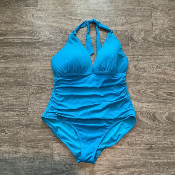 LAUREN RALPH LAUREN BEACH CLUB‎ ONE-PIECE BLUE SWIMSUIT TIE TOP PADDED SIZE 16 - Picture 1 of 4